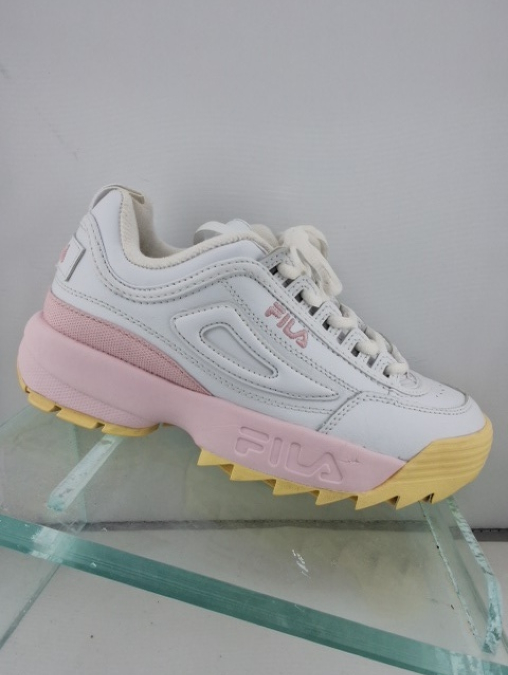 Fila Women's White Pink Yellow Platform Disruptor-Style Sneaker